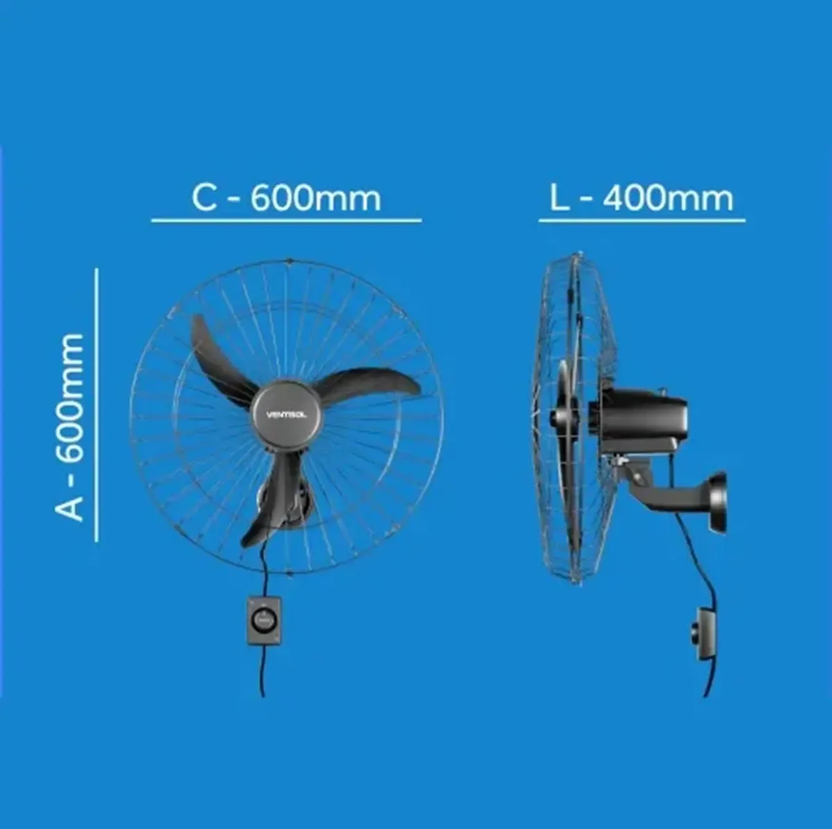 Ventilador Oscilante Parede 60 cm Premium Preto Bivolt Ventisol - 0VS 003 — imagem 2