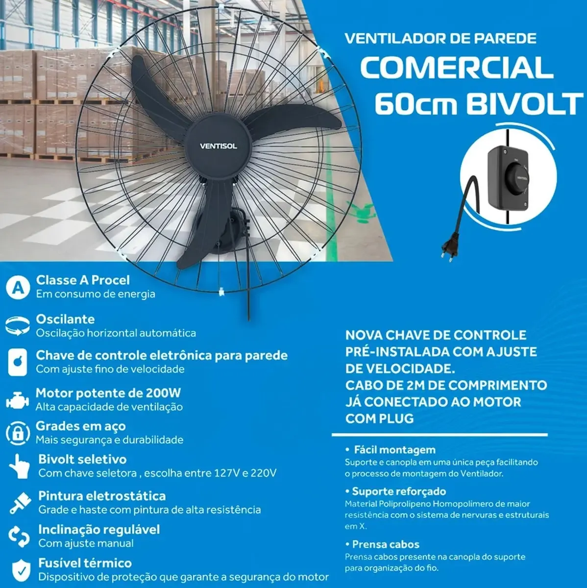 Ventilador Oscilante Parede 60 cm Premium Preto Bivolt Ventisol - 0VS 003 — imagem 3