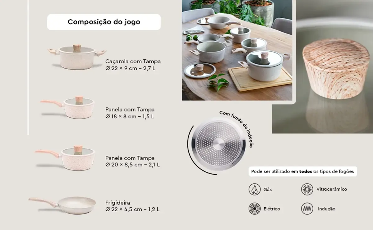 Conjunto 4 Panelas Aluminio Sirius Vanilla Revestimento Ceramico Life Indução 4814/100 Brinox - BRX 1027 — imagem 3